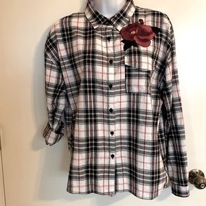 Women’s button down plaid shirt with rose